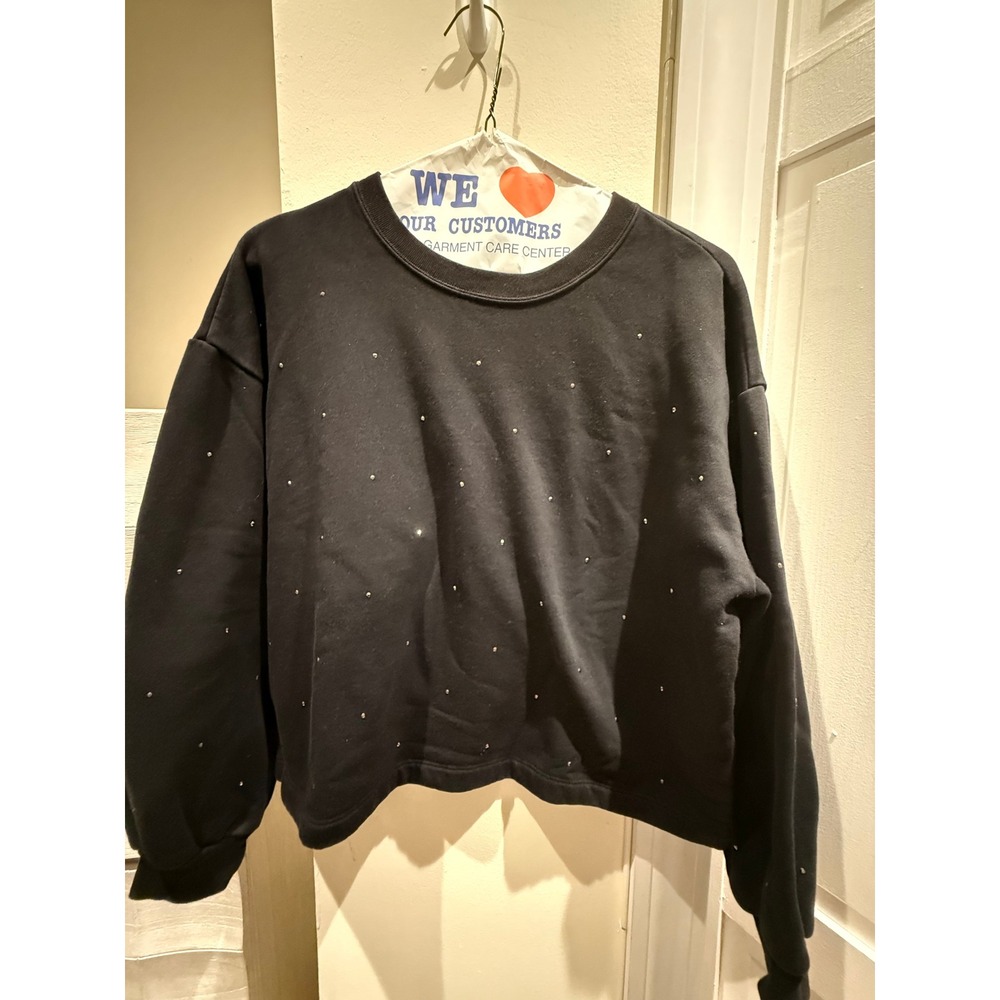 Gap Womens Black Rhinestone Embellished Puff Sleeve Crewneck Sweatshirt Large